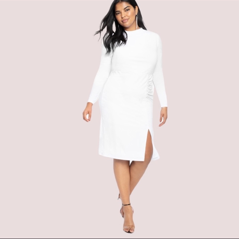 Eloquii || White Ruched Front Dress with Slit || 14